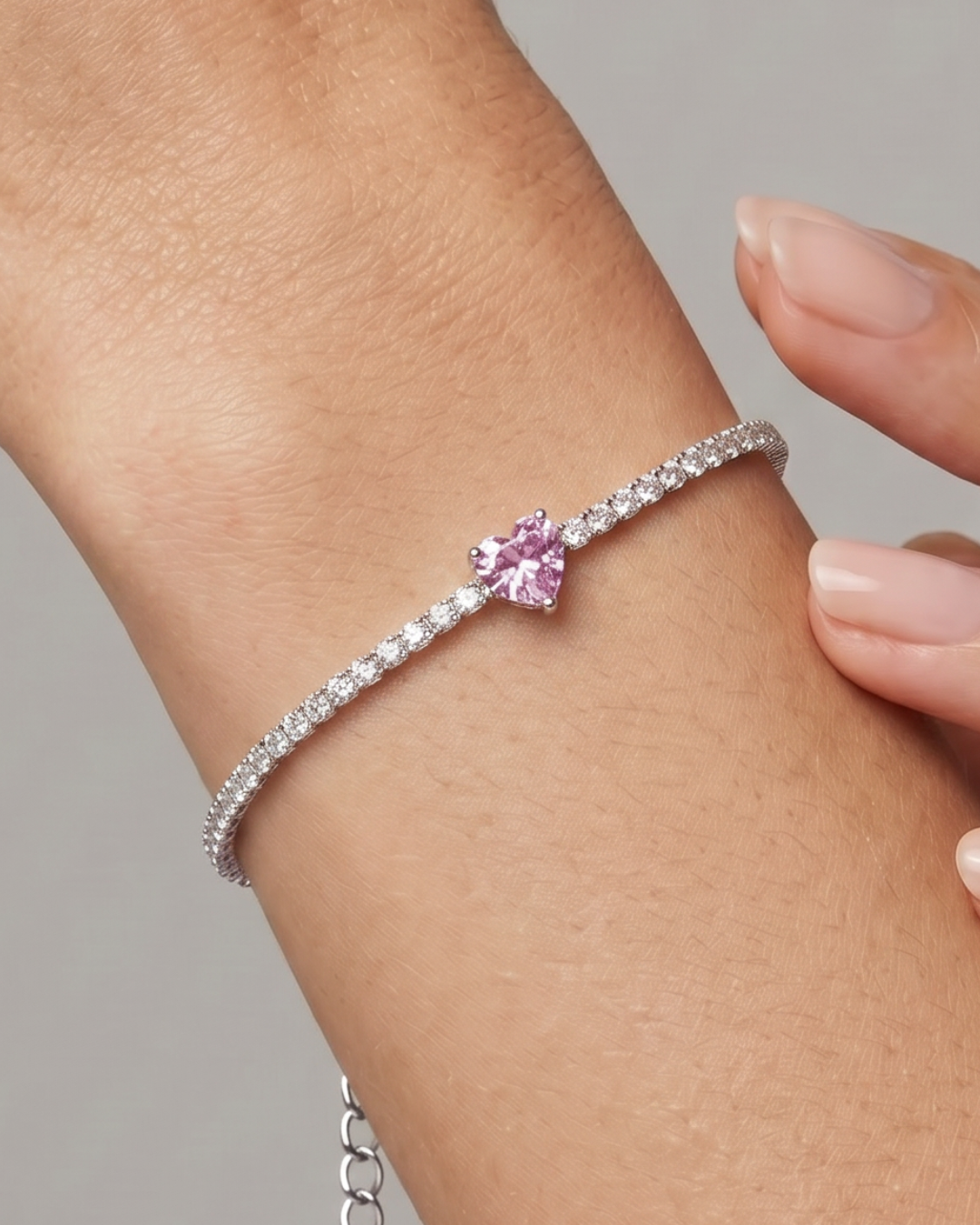 Bracelet tennis cœur rose - BLANC