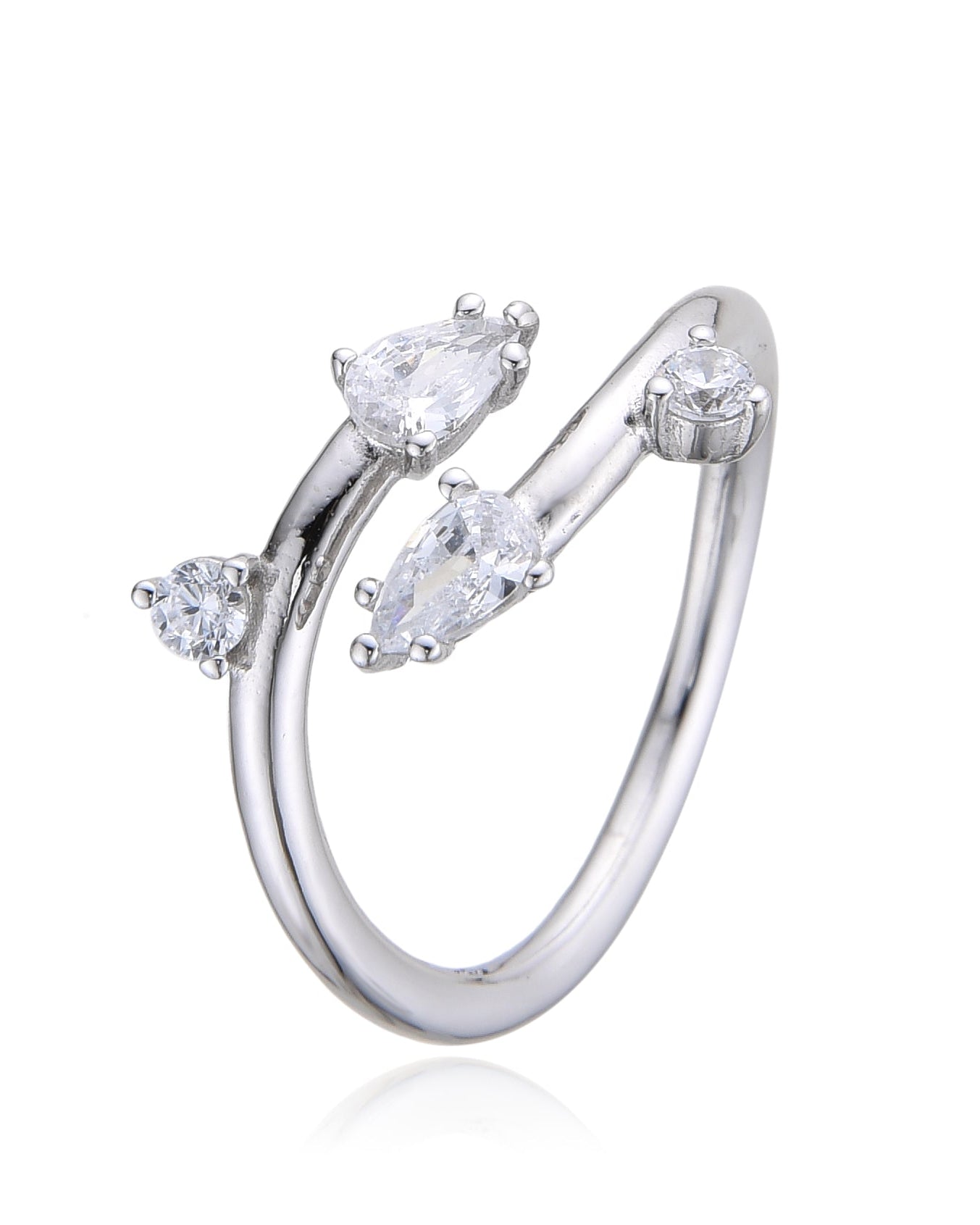Bague lisse argent 925 rhodié et zirconiums tailles poire et brillants façon branches subtiles