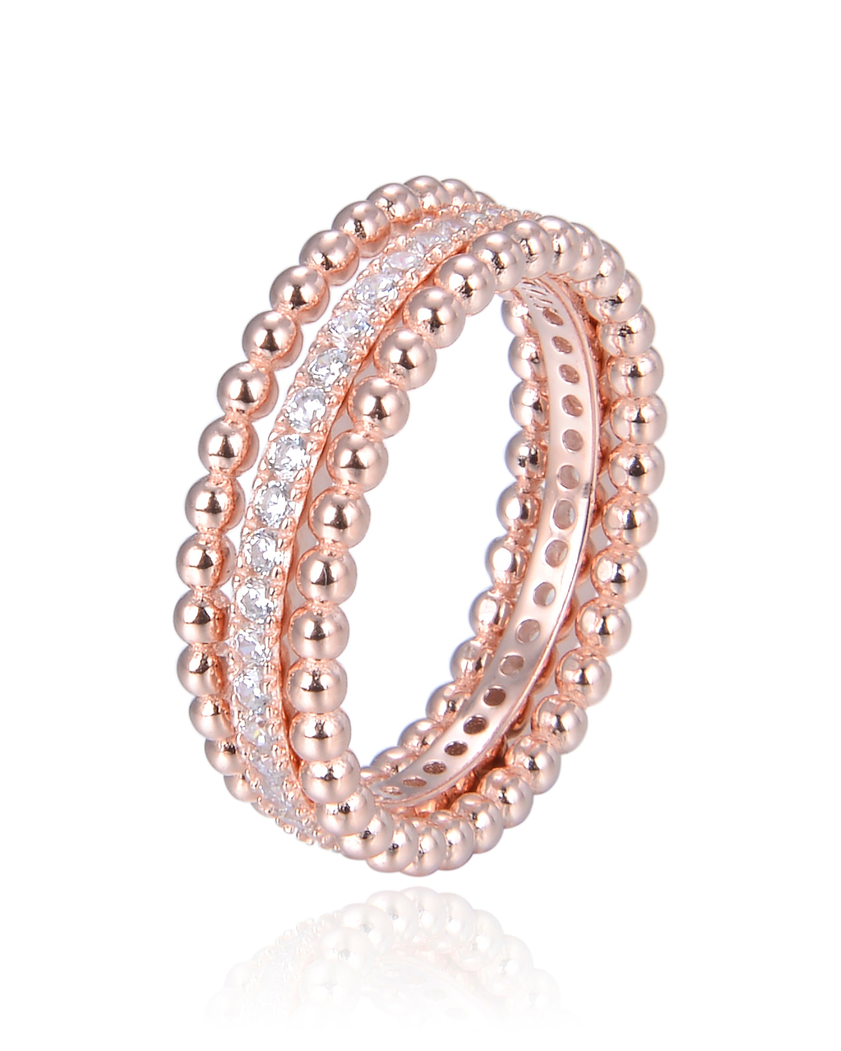 Bague « Trois Rangs Intemporel » en argent 925 doré à l'or 18 carats, design composé de trois anneaux parallèles 2 à boules lisses et 1 serti finition polie brillante.