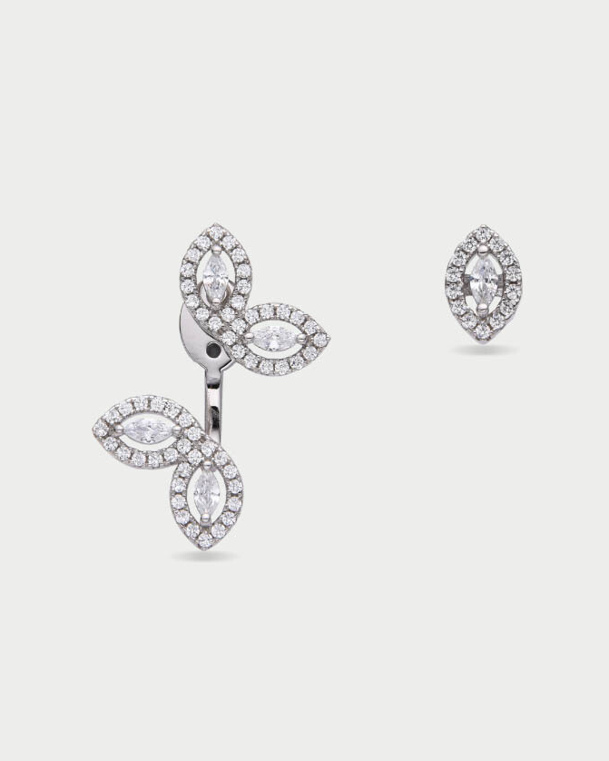 Boucles d’oreilles « Mini Asymétriques Fleur de Vie » en argent 925 rhodié, design asymétrique à motif floral orné de zirconiums taille marquise, finition polie brillante.