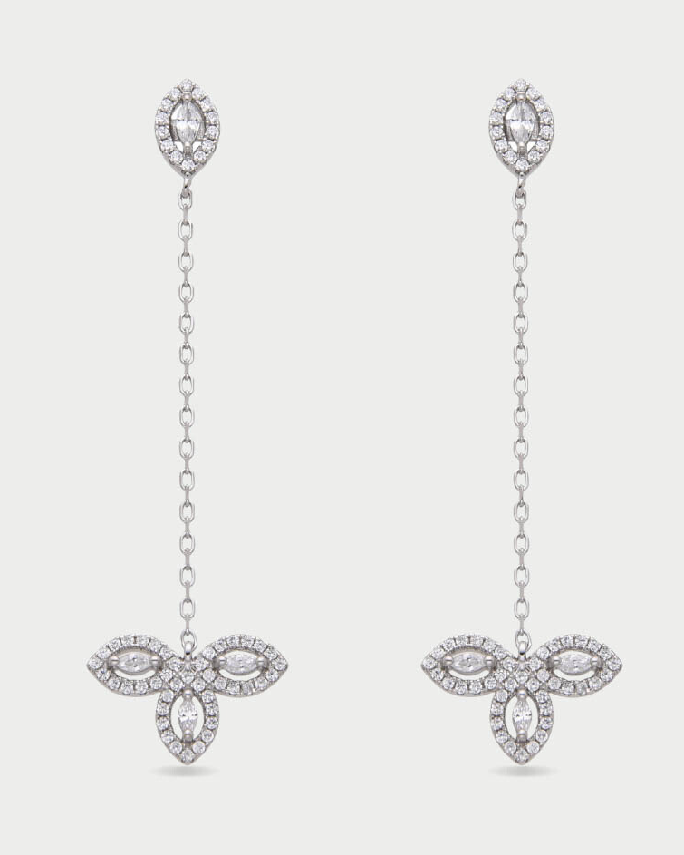 Boucles d’oreilles « Doubles Pendantes Fleur de Vie » en argent 925 rhodié, design pendulaire avec deux motifs « Fleur de Vie » ornés de zirconiums taille marquise et ronde, finition polie brillante.