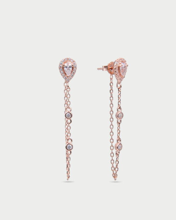 Boucles d’oreilles pendantes forme poire et sertis clos sur chaine – Argent 925 doré à l'or rose 18 carats & zirconium