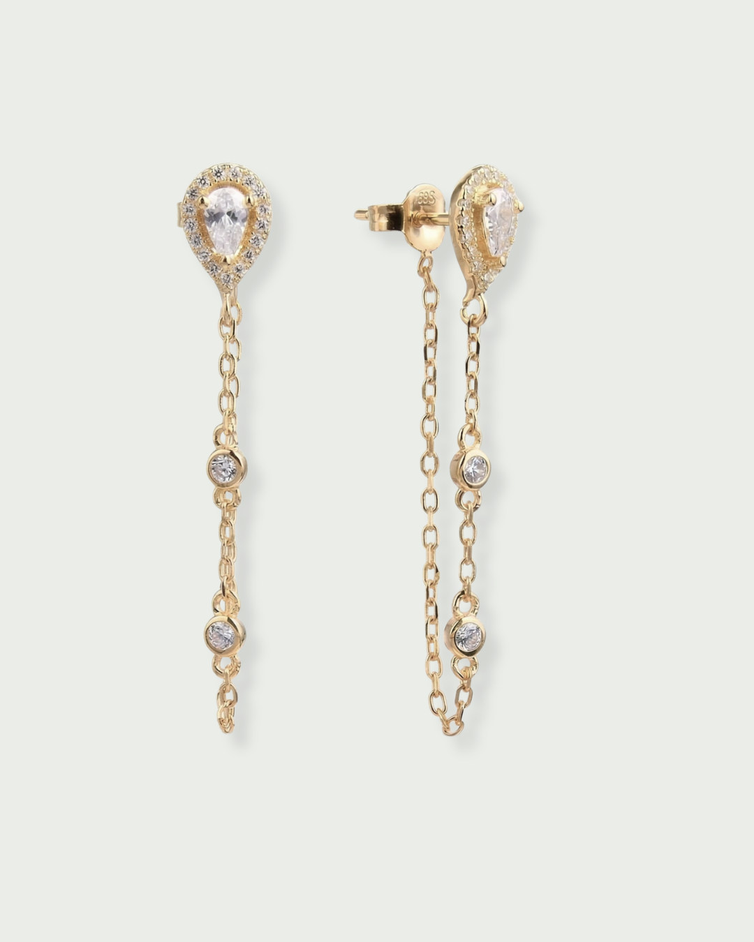Boucles d’oreilles pendantes forme poire et sertis clos sur chaine – Argent 925 Doré a l'or jaune 18 carats rhodié & zirconium