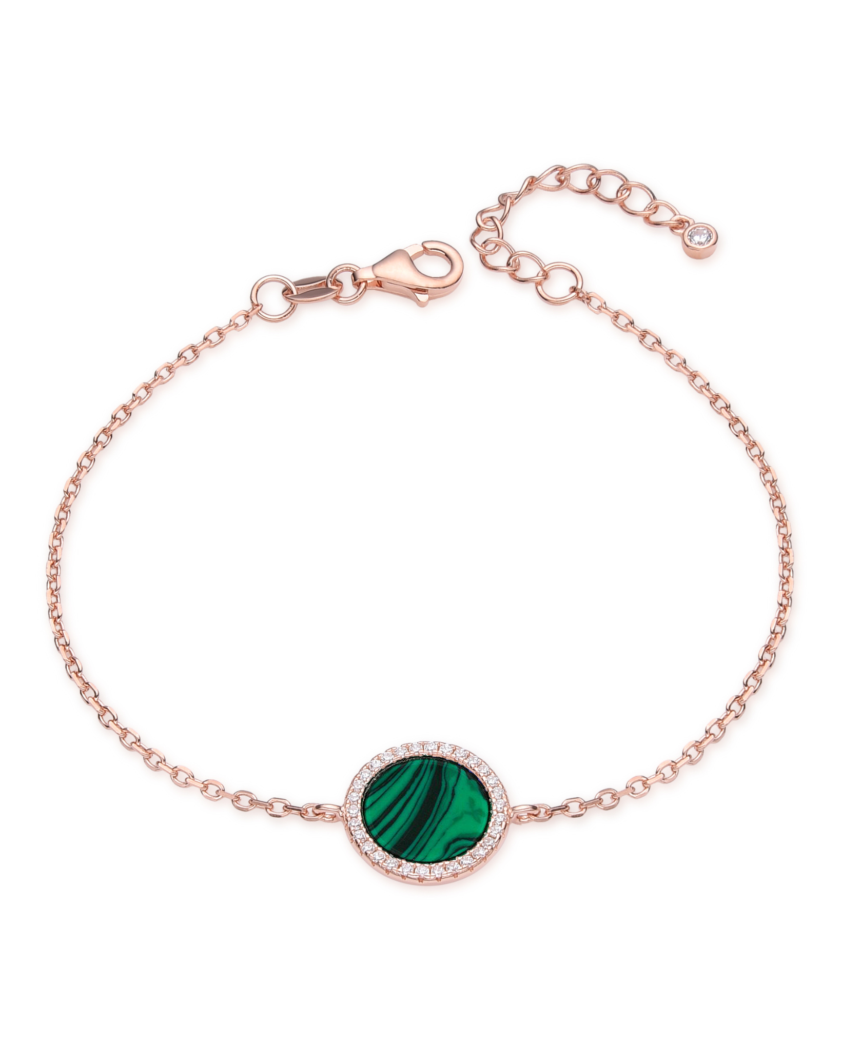 Bracelet en argent 925 doré à l'or rose 18 carats, orné d’une petite médaille ronde sertie d’une pierre malachite, finition polie brillante.