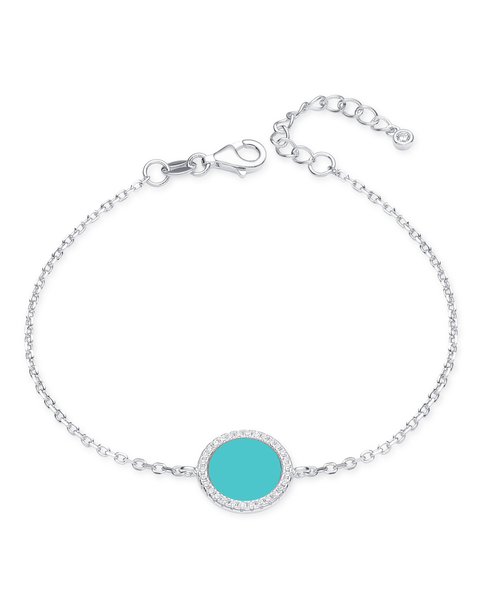 Bracelet en argent 925 rhodié, orné d’une petite médaille ronde sertie d’une pierre turquoise, finition polie brillante.