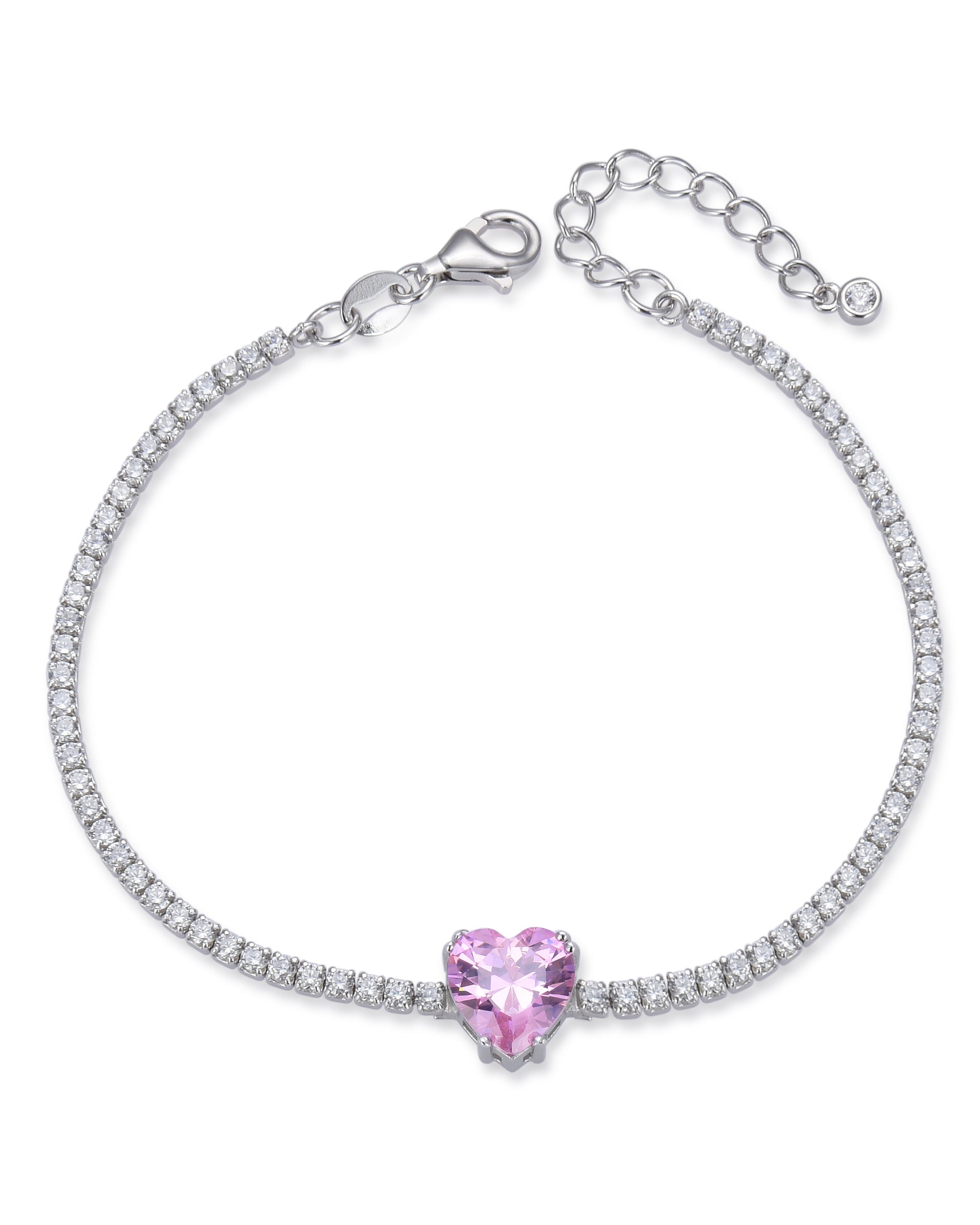 Bracelet « Tennis Cœur » en argent 925 rhodié, rangée continue de pierres blanches sublimée par un cœur rose en zirconium.