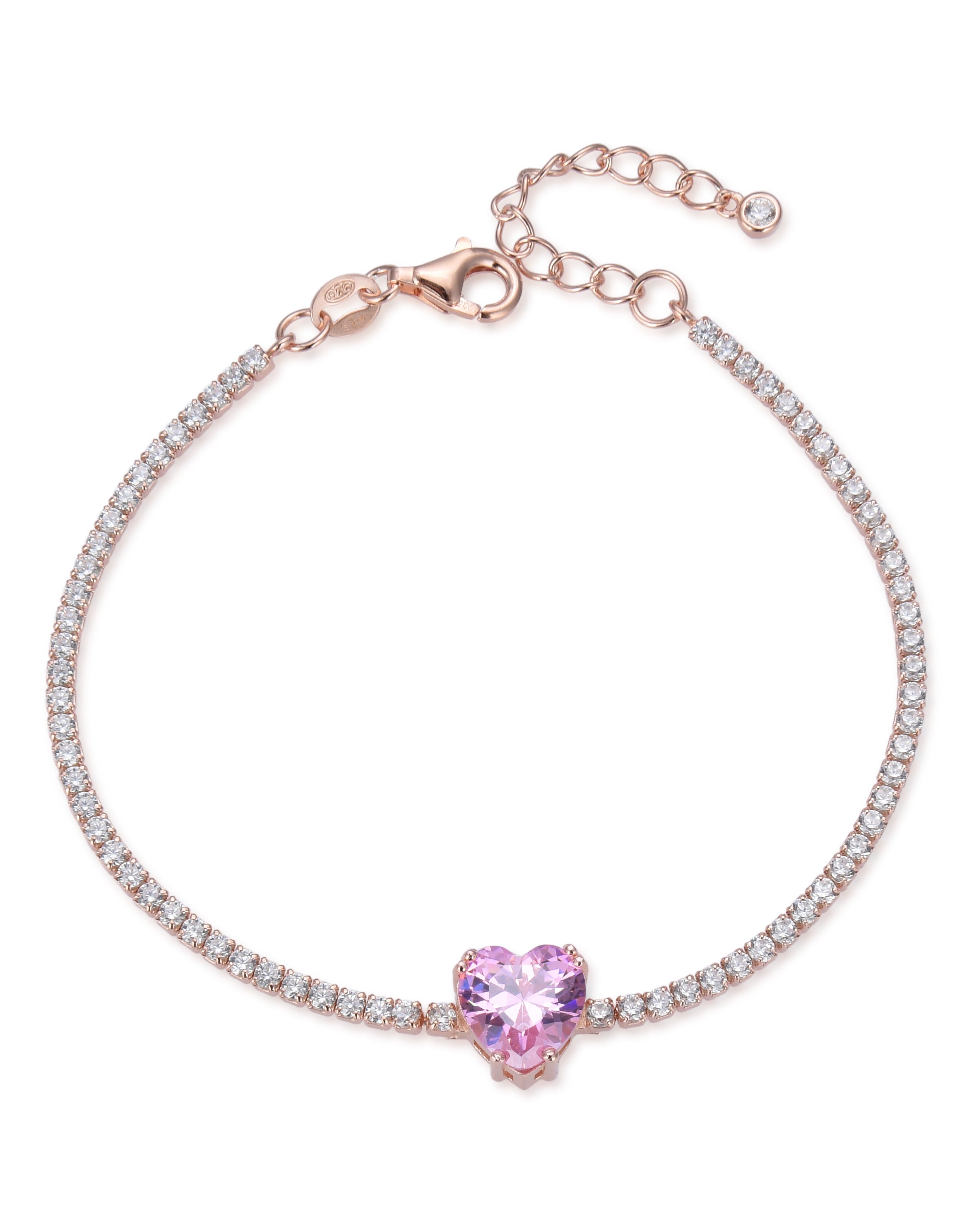 Bracelet « Tennis Cœur » en argent 925 doré à l'or 18 carats rose, rangée continue de pierres blanches sublimée par un cœur rose en zirconium.