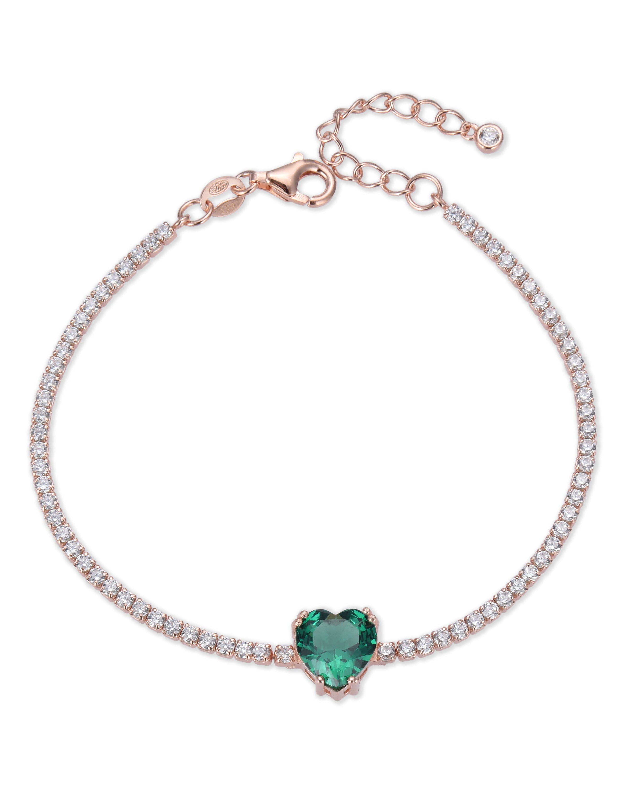 Bracelet « Tennis Cœur » en argent 925 doré à l'or 18 carats rose, rangée continue de pierres blanches sublimée par un cœur vert en zirconium.