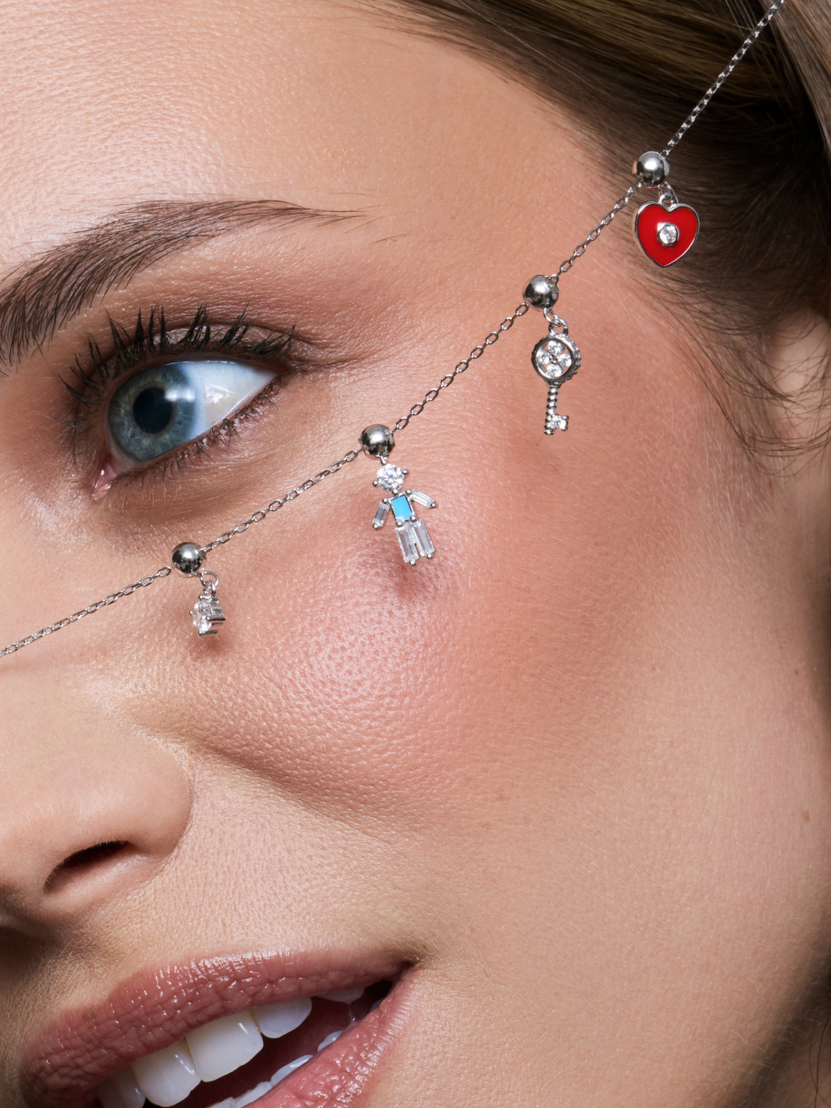 Chaine à charms argent 925 avec 4 charms (pierre, garçon, clé, coeur)