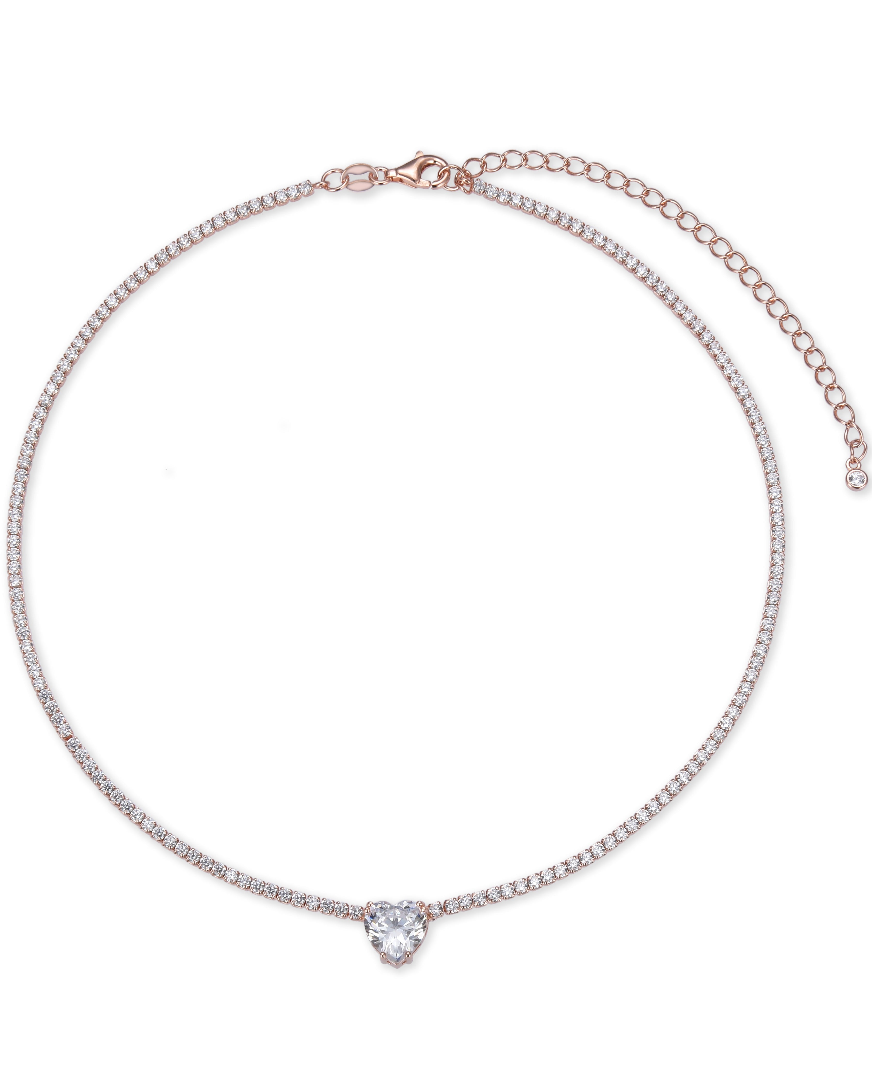 Choker « Tennis Cœur » en argent 925 doré à l'or 18 carats rose, rangée continue de pierres blanches sublimée par un cœur de zirconium.