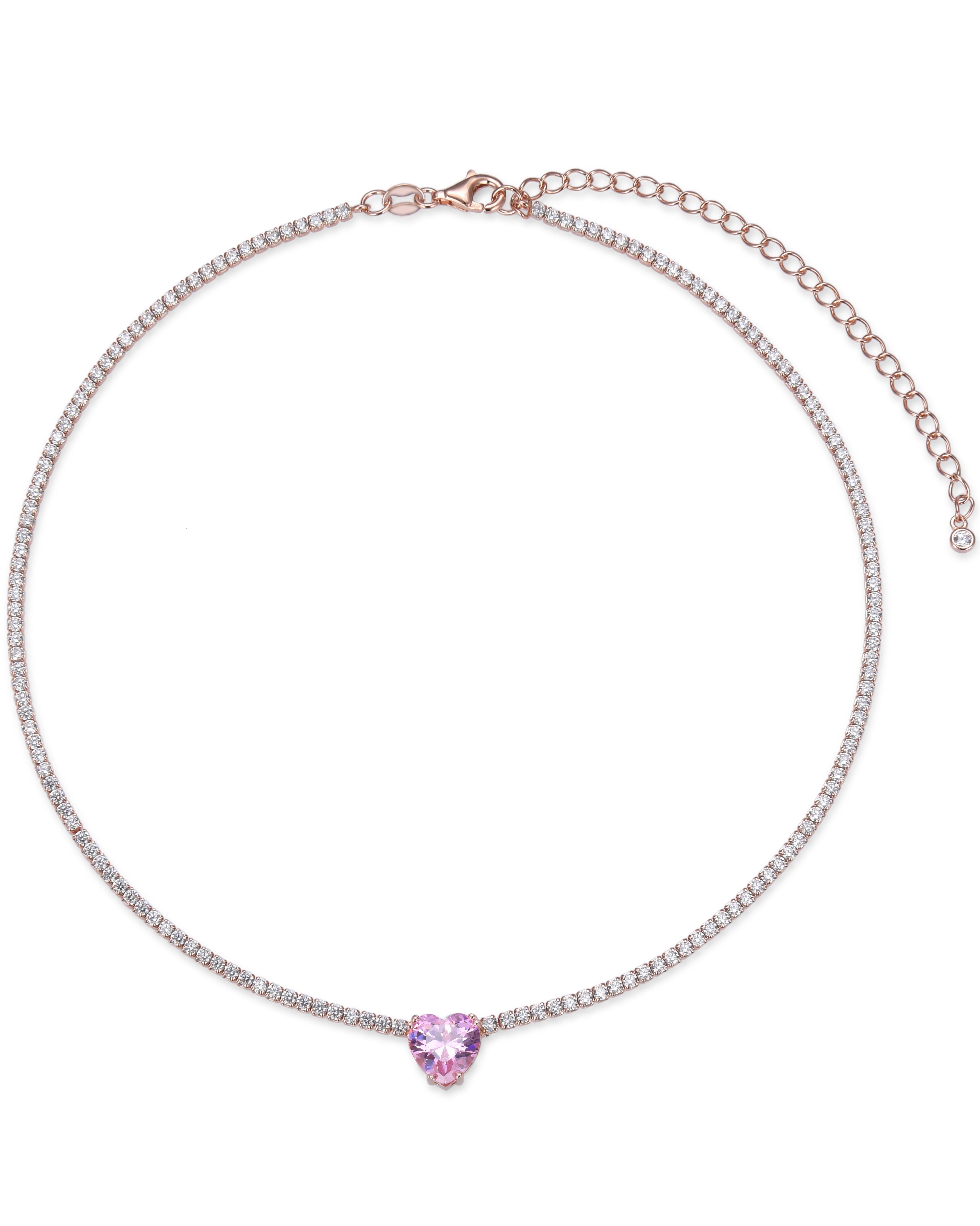 Choker « Tennis Cœur » en argent 925 doré à l'or rose 18 carats, rangée continue de pierres blanches sublimée par un cœur rose en zirconium.
