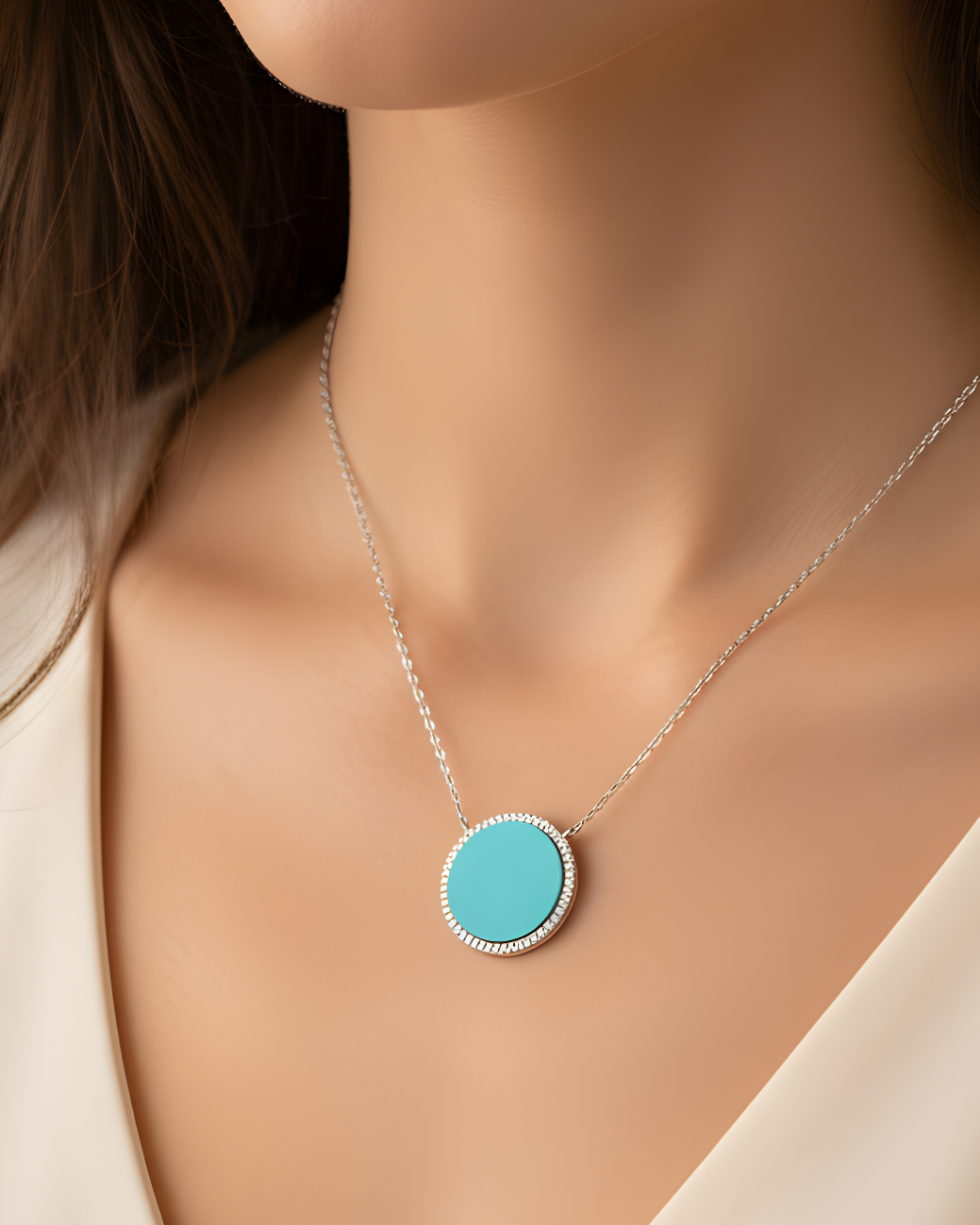 Collier en argent 925 rhodié, orné d’une grosse médaille ronde sertie d’une pierre turquoise, finition polie brillante.