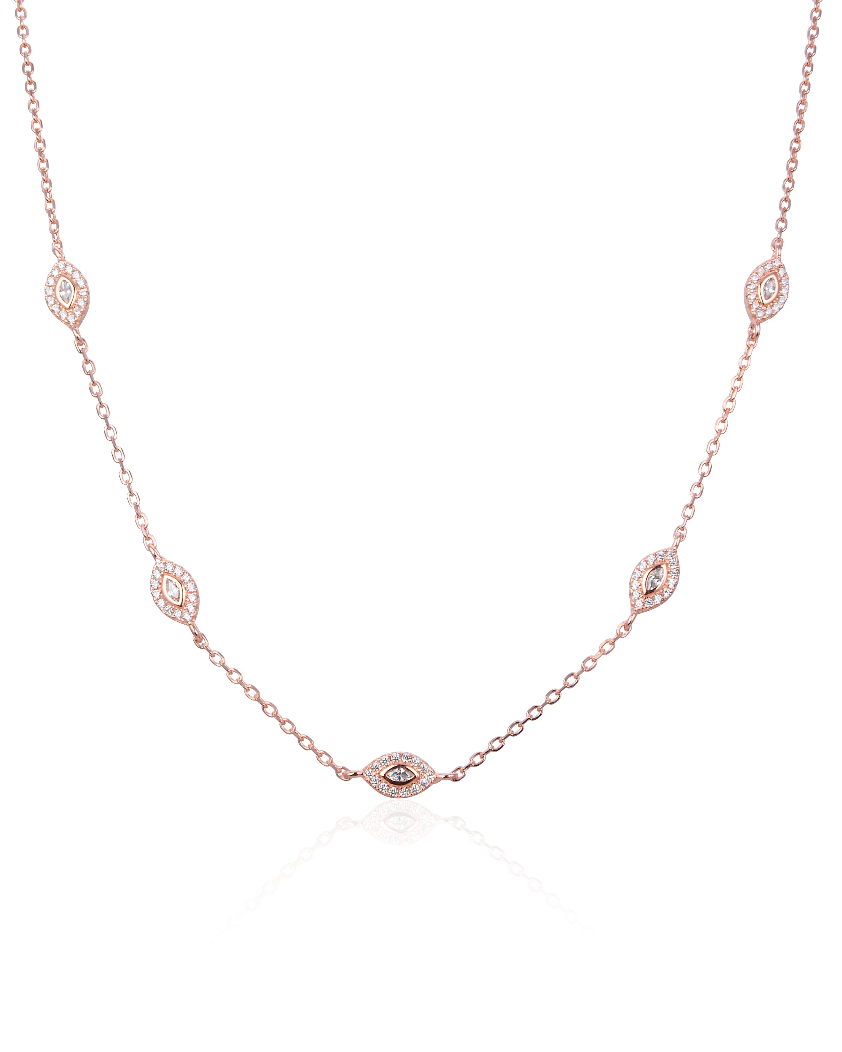 Collier en argent 925 doré à l’or rose, succession de marquises pavées de zirconiums, design délicat et étincelant.