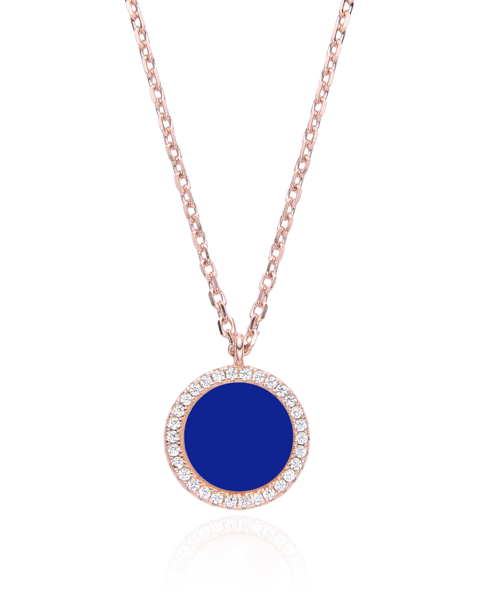 Collier en argent 925 doré à l'or rose 18 carats, orné d’une petite médaille ronde sertie d’une pierre lapis-lazuli, finition polie brillante.