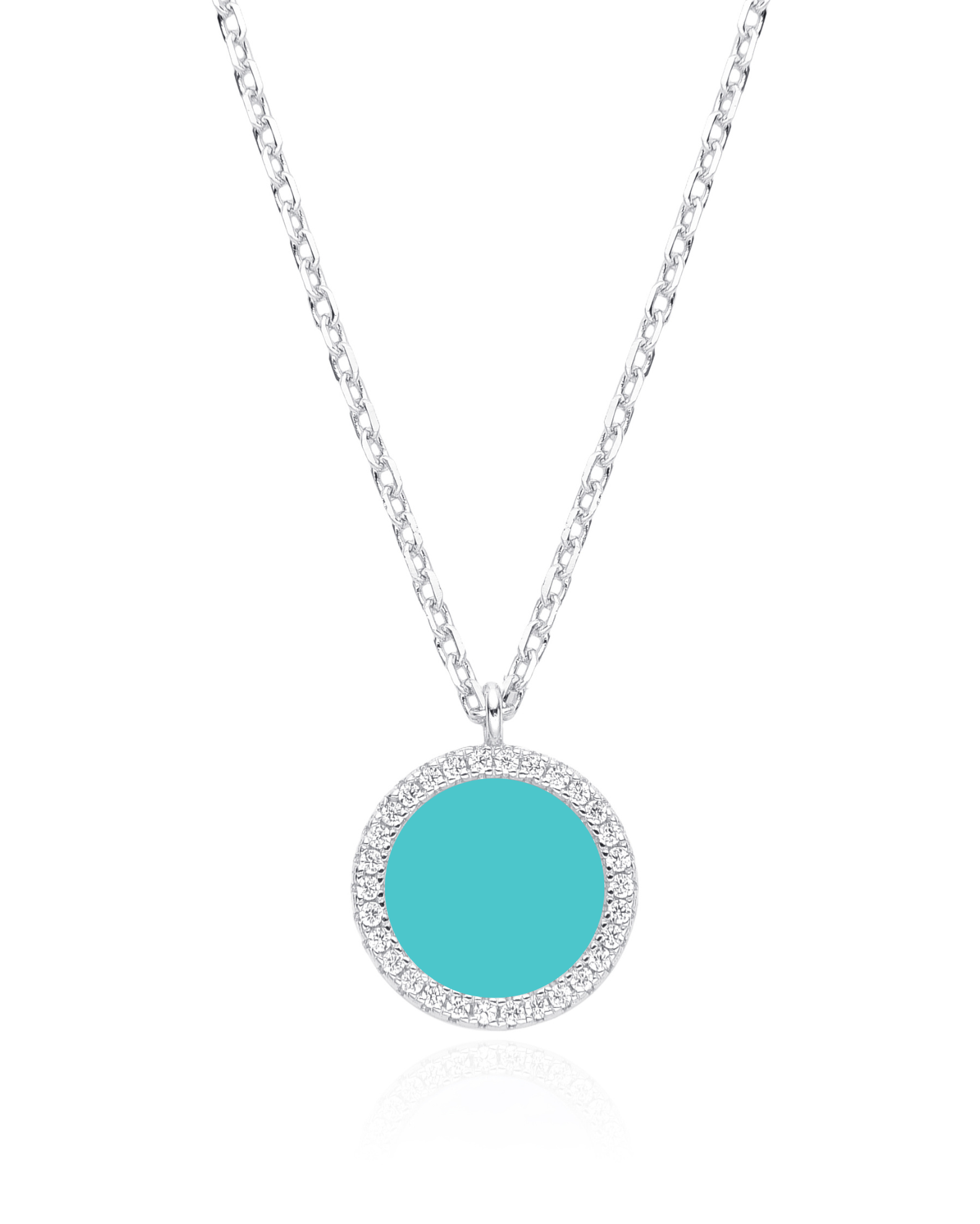 Collier en argent 925 rhodié, orné d’une petite médaille ronde sertie d’une pierre turquoise, finition polie brillante.