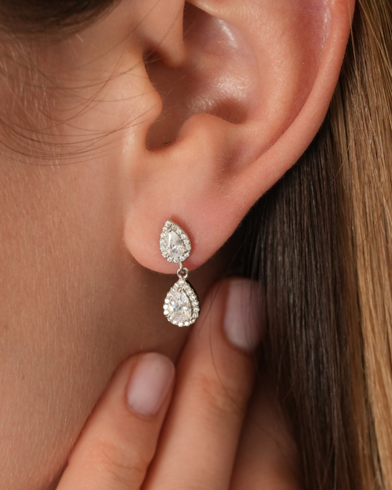 Boucles doubles poire en argent 925 doré rose avec zircon blanc pavé.