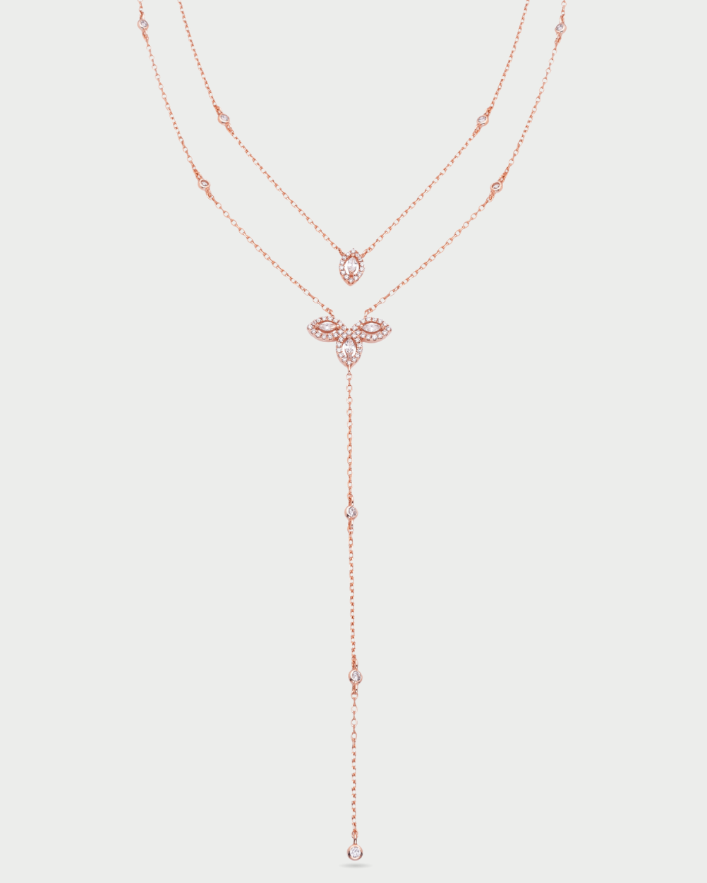 Sautoir double rang en argent 925 doré à l’or rose 18 carats avec pendentifs Fleur de Vie pavés de zirconium blanc, collier long élégant et lumineux pour femme.
