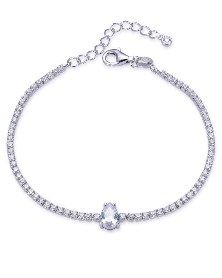 Bracelet « Tennis Éclat » en argent 925 rhodié, rangée continue de pierres blanches sublimée par une poire en zirconiums.