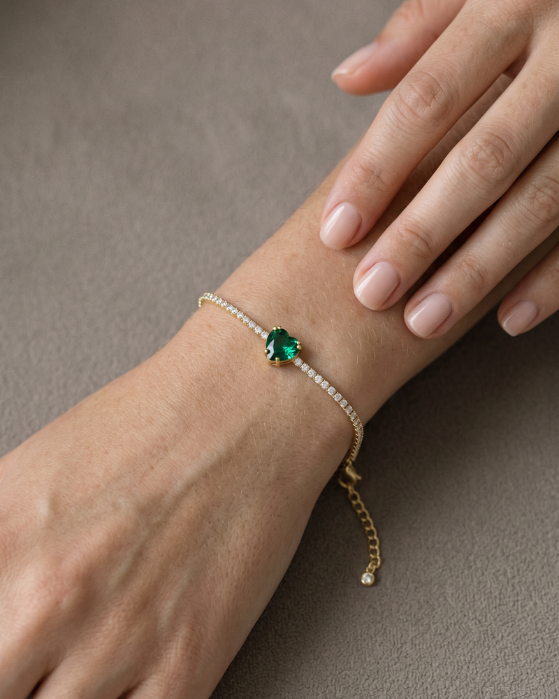 Bracelet tennis cœur vert - DORÉ