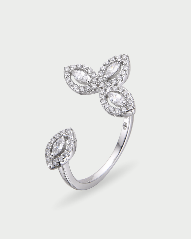 Bague « Fleur de Vie » en argent 925 rhodié, motif floral orné de zirconiums taille marquise formant une fleur élégante, finition polie brillante.