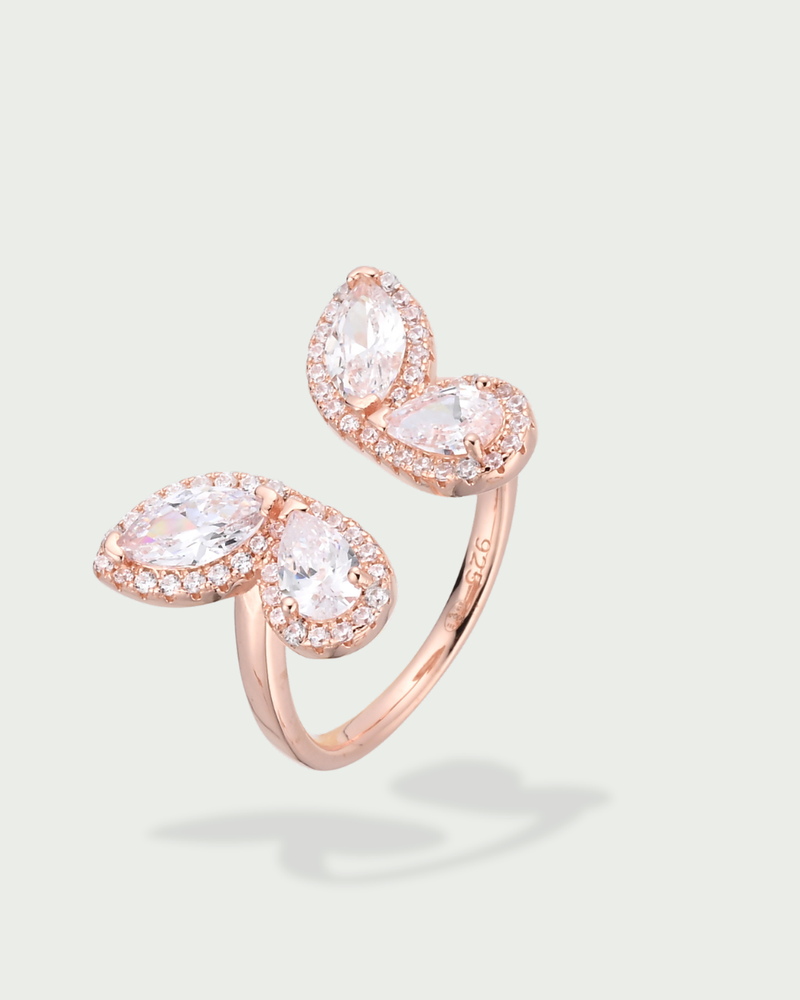 Bague Toi & Moi Papillon – Argent 925 doré à l'or rose 18 carats & Zirconium - fond blanc