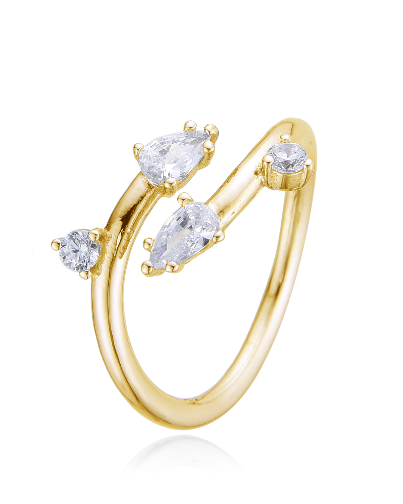 Bague lisse argent 925 doré à l'or 18 carats jaune et zirconiums tailles poire et brillants façon branches subtiles