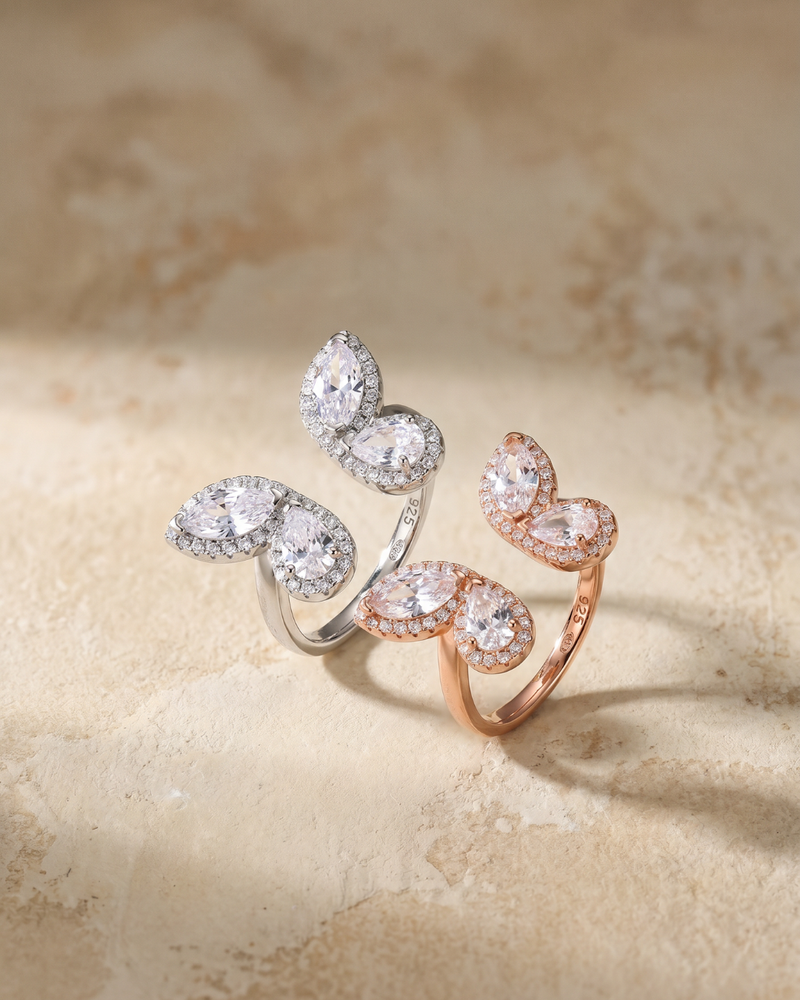 Bagues Toi & Moi Papillon – Argent 925 rhodié et doré à l'or rose 18 carats & Zirconium - nature morte