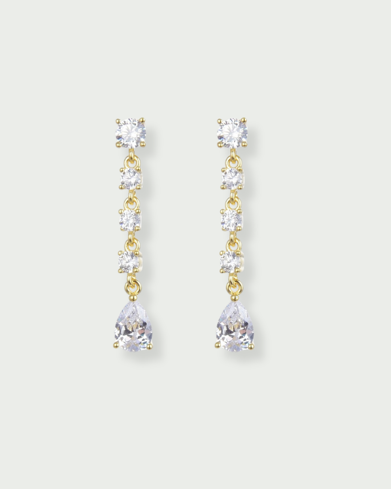 Boucles d’oreilles pendantes Shine Éclat dorées en argent 925 doré à l’or 18 carats avec cascade de pierres en zirconium rondes et poire scintillantes, design délicat et lumineux pour sublimer le visage avec élégance.