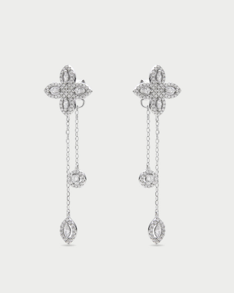 Boucles d’oreilles « Doubles Pendantes Fleur de Vie » en argent 925 rhodié, design pendulaire avec deux motifs floraux « Fleur de Vie » ornés de zirconiums taille marquise et ronde, finition polie brillante.