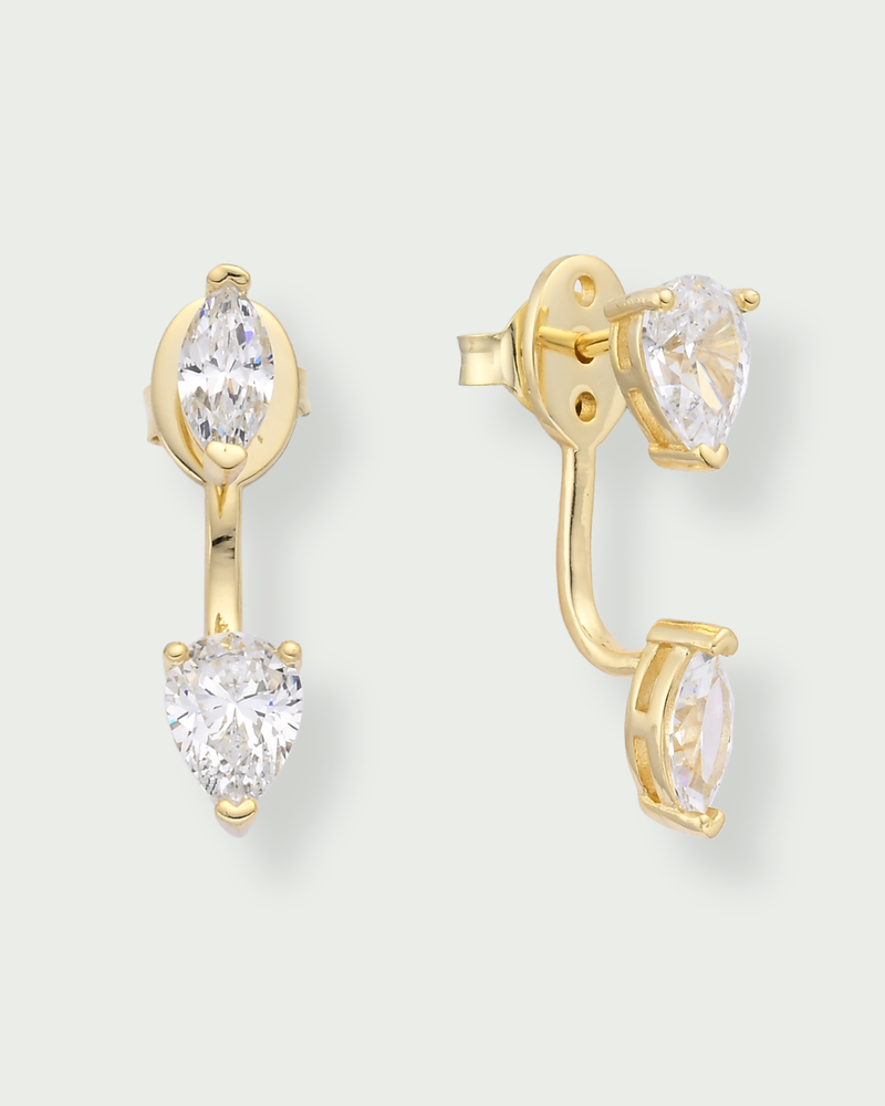 Boucles d’oreilles marquises asymétriques – Co-création Diane Perreau – Argent 925 doré à l’or 18 carats &amp; Zirconium