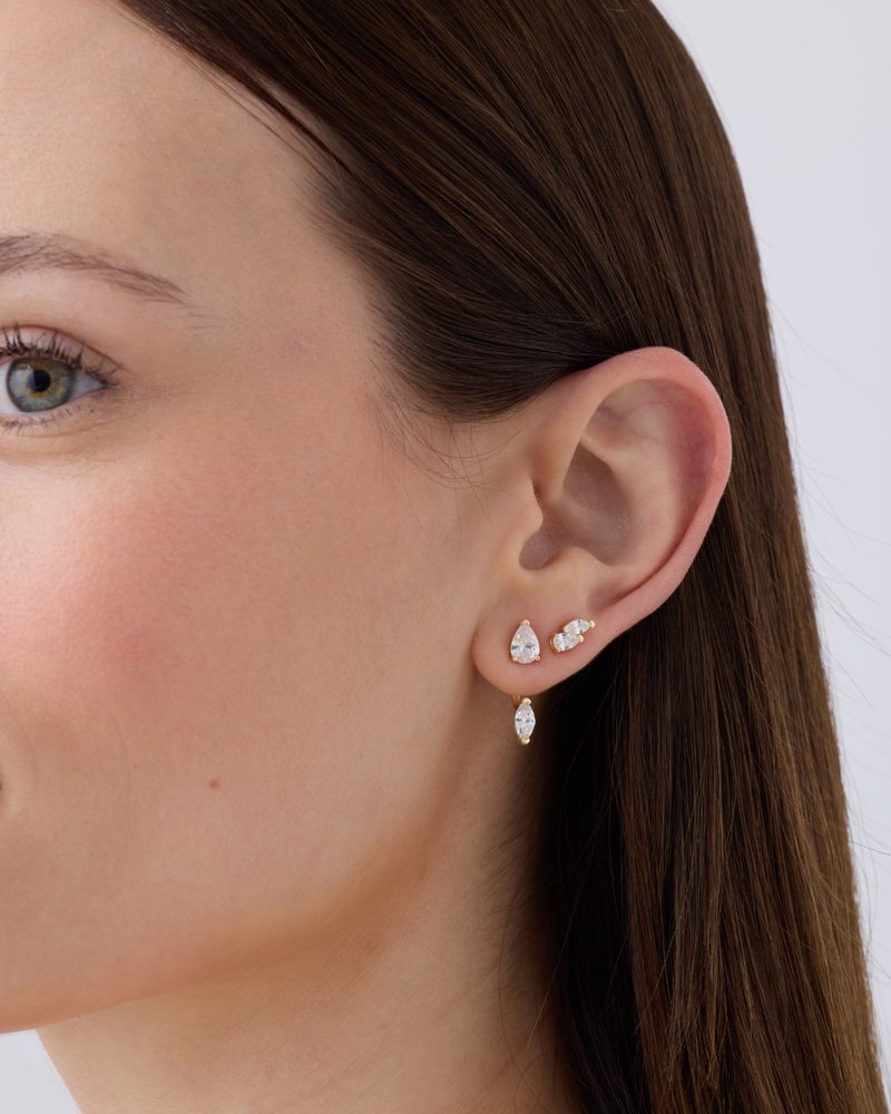 Boucles d’oreilles marquises asymétriques – Co-création Diane Perreau – Argent 925 doré à l’or 18 carats &amp; Zirconium
