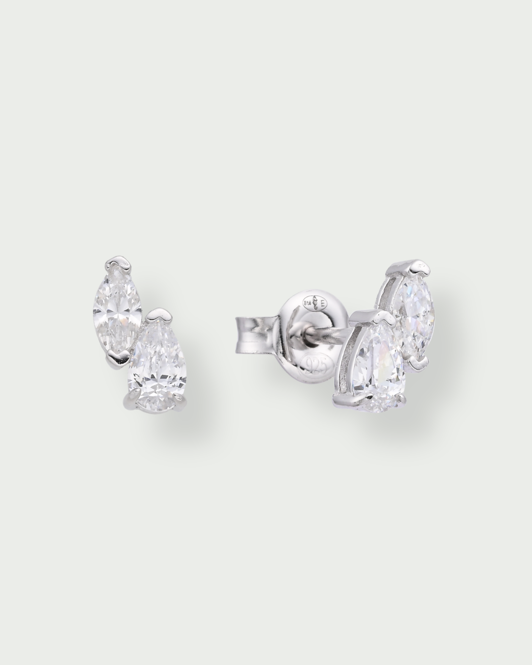 Boucles d’oreilles puces duo marquise &amp; poire – Co-création Diane Perreau – Argent 925 rhodié &amp; Zirconium