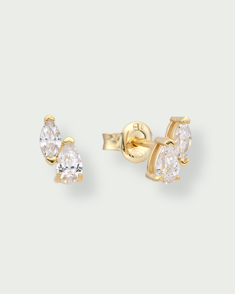 Boucles d’oreilles puces duo marquise &amp; poire – Co-création Diane Perreau – Argent 925 doré à l’or 18 carats &amp; Zirconium