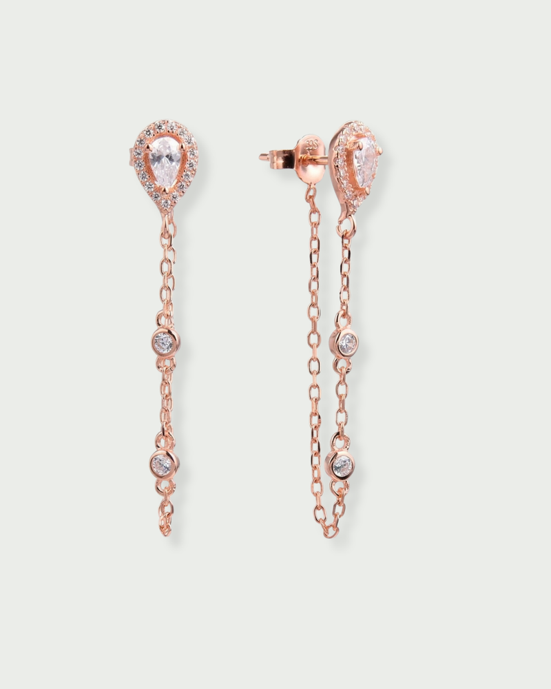 Boucles d’oreilles pendantes forme poire et sertis clos sur chaine – Argent 925 rhodié doré a l'or rose & zirconium