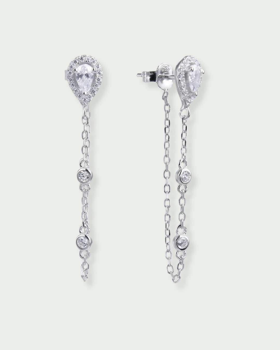 Boucles d’oreilles pendantes forme poire et sertis clos sur chaine – Argent 925 rhodié & zirconium