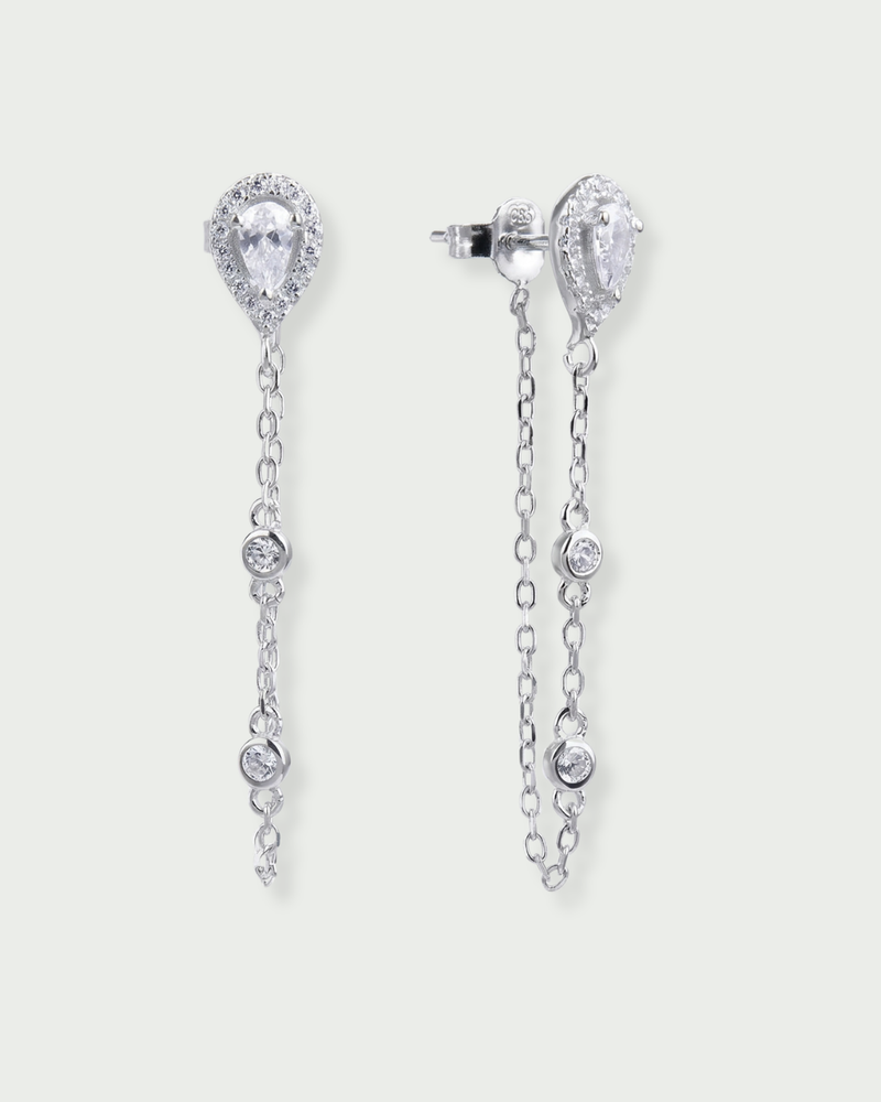 Boucles d’oreilles pendantes forme poire et sertis clos sur chaine – Argent 925 rhodié & zirconium