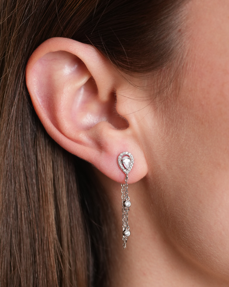 Boucles d’oreilles pendantes forme poire et sertis clos sur chaine – Argent 925 rhodié & zirconium