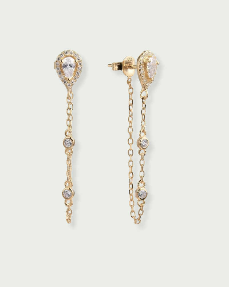 Boucles d’oreilles pendantes forme poire et sertis clos sur chaine – Argent 925 Doré a l'or jaune 18 carats rhodié & zirconium