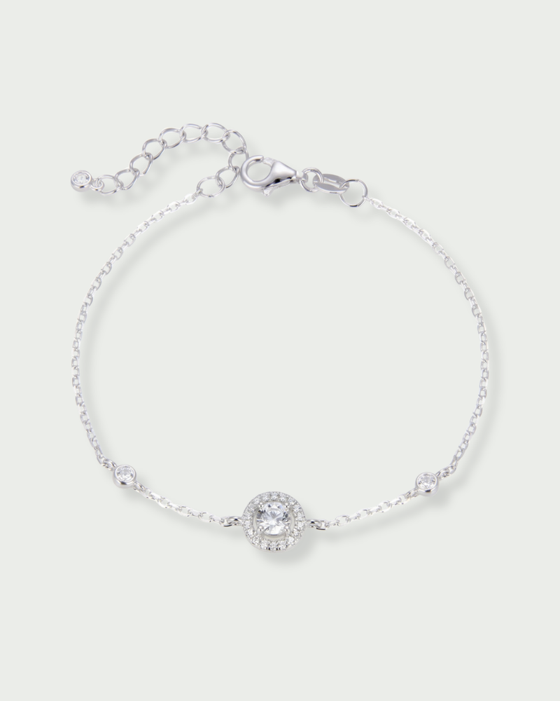 Bracelet infini rond pavé en argent 925 rhodié avec zirconium central et entourage pavé, chaîne ajustable.