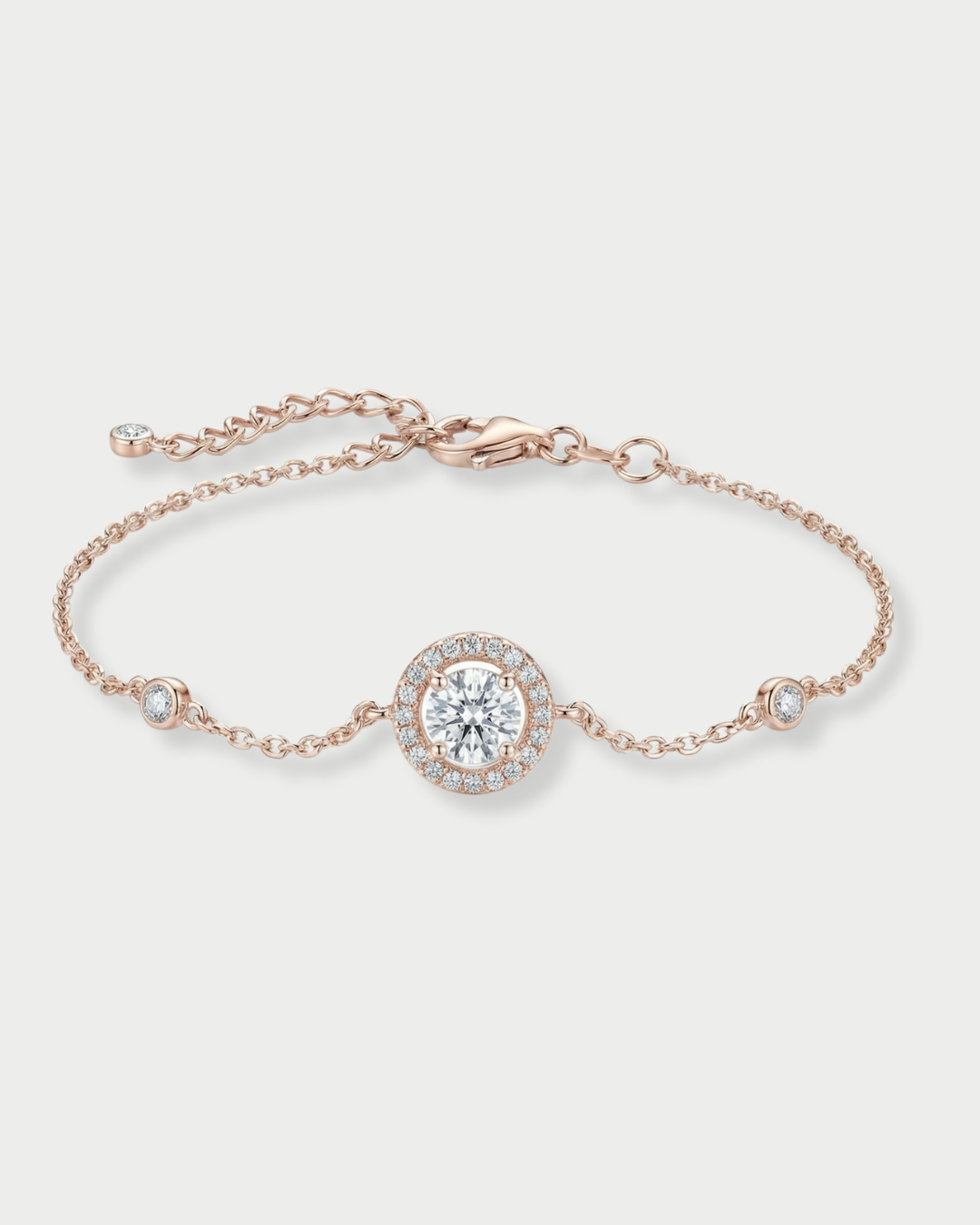 Bracelet rond pavé en argent 925 doré or rose 18 carats avec zirconium central et entourage pavé, chaîne ajustable.