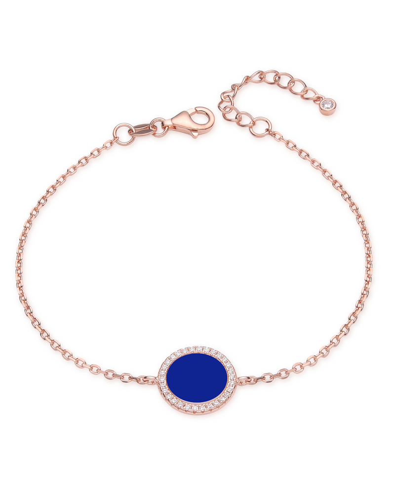 Bracelet en argent 925 doré à l'or rose 18 carats, orné d’une petite médaille ronde sertie d’une pierre lapis-lazuli, finition polie brillante.