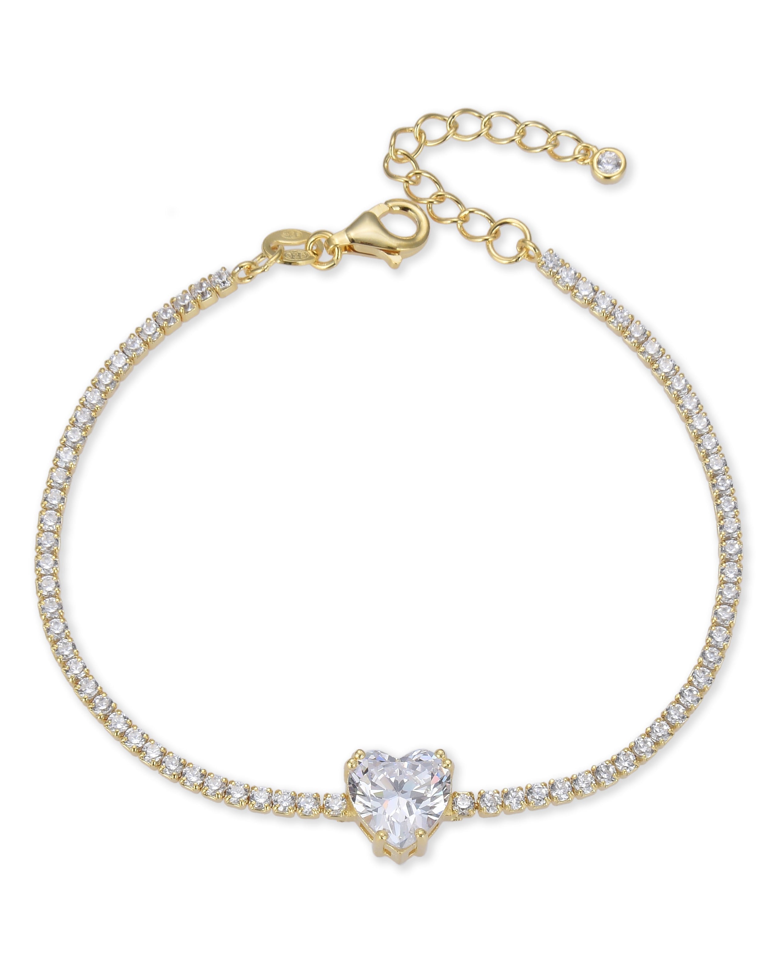 Bracelet « Tennis Cœur » en argent 925 doré à l'or 18 carats doré, rangée continue de pierres blanches sublimée par un cœur de zirconium.