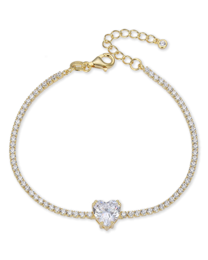 Bracelet « Tennis Cœur » en argent 925 doré à l'or 18 carats doré, rangée continue de pierres blanches sublimée par un cœur de zirconium.