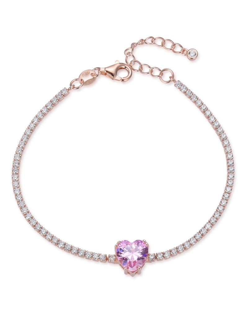 Bracelet « Tennis Cœur » en argent 925 doré à l'or 18 carats rose, rangée continue de pierres blanches sublimée par un cœur  rose en zirconium.
