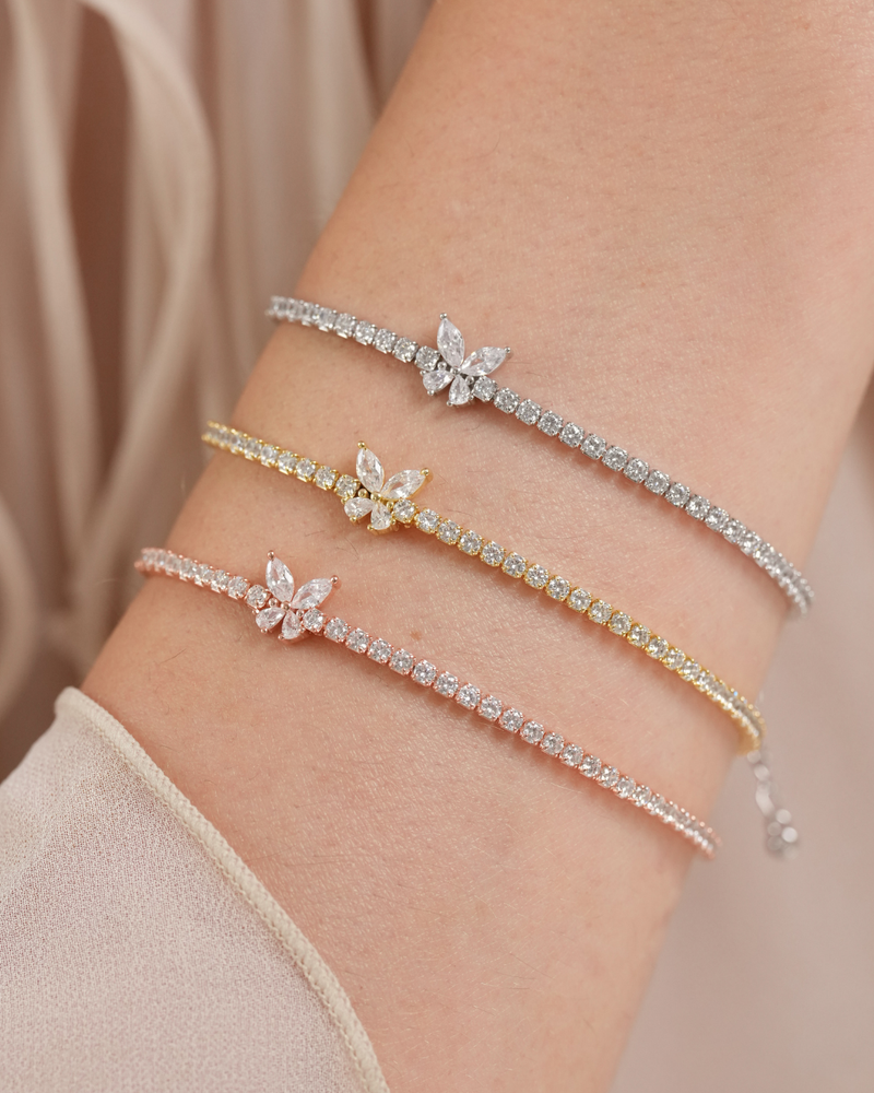 Bracelets rivière Papillon en argent 925 rhodié, doré à l'or rose et jaune 18 carats & Zirconium - porté 3 couleurs