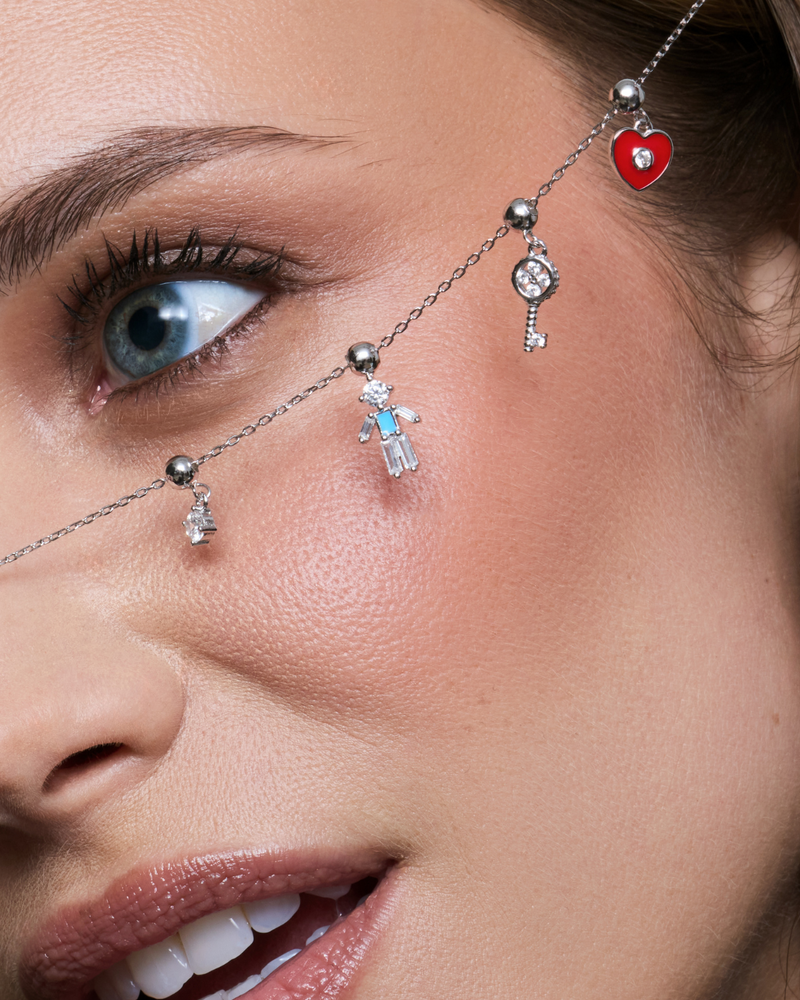 Chaine à charms argent 925 avec 4 charms (pierre, garçon, clé, coeur) 