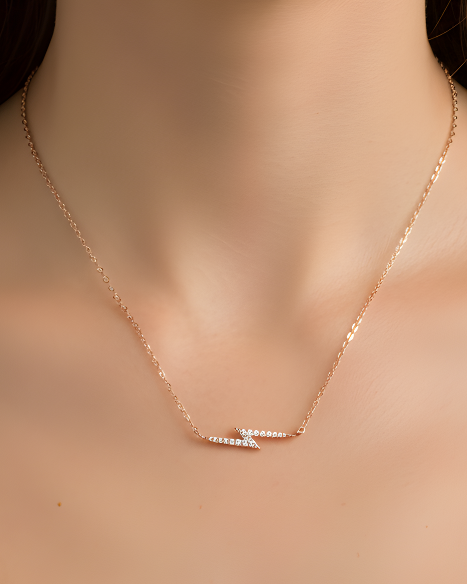 Collier en argent 925 millièmes doré à l'or fin 18 carats rose avec pierre en zirconium - Design éclair