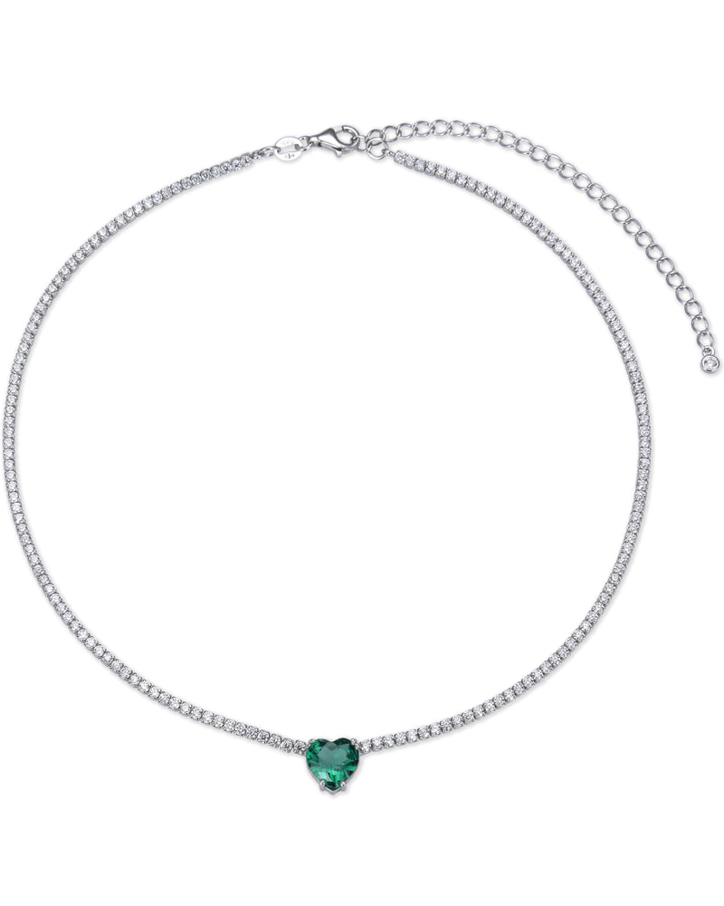 Choker « Tennis Cœur » en argent 925 rhodié, rangée continue de pierres blanches sublimée par un cœur vert de zirconium.