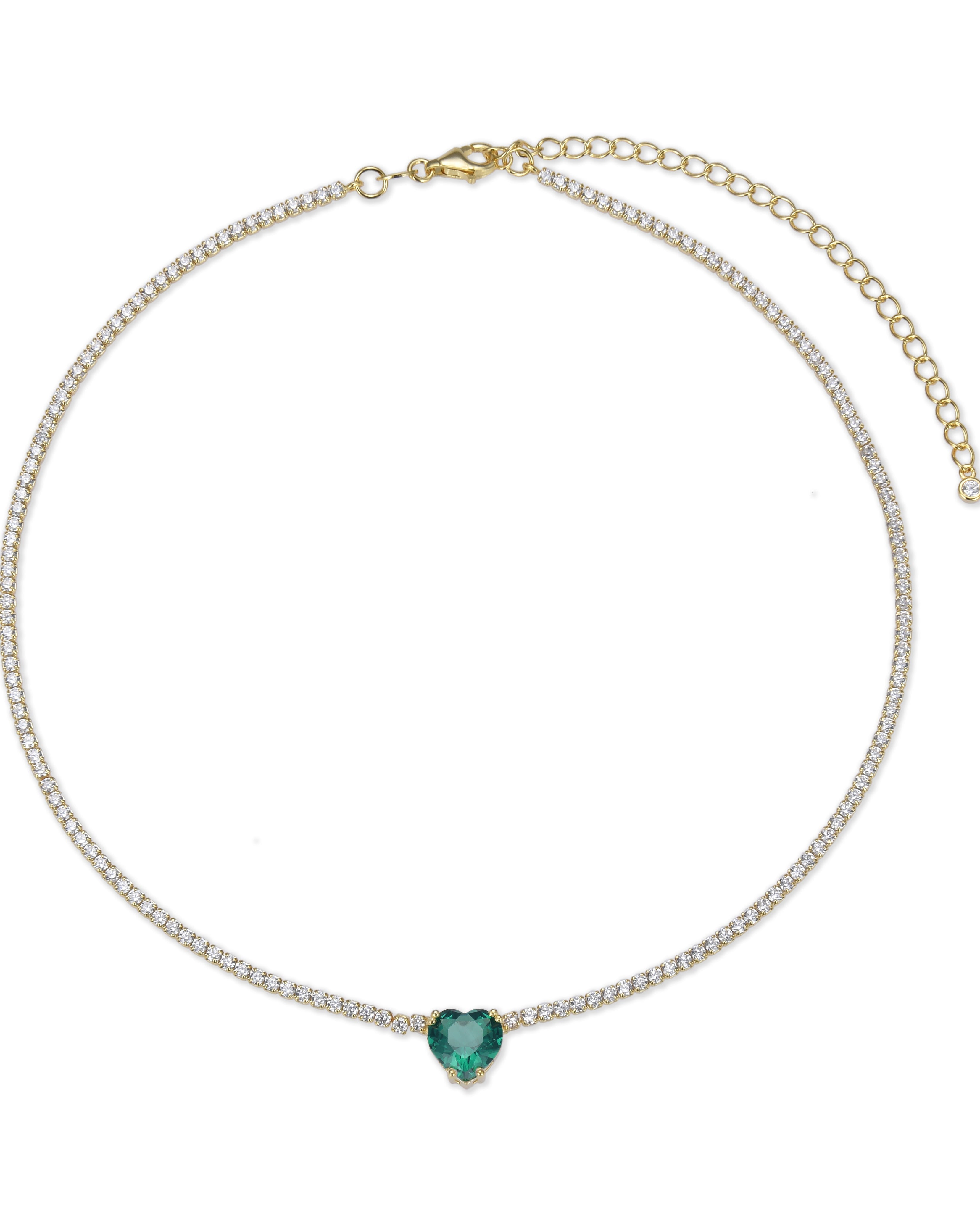 Choker « Tennis Cœur » en argent 925 doré à l'or 18 carats, rangée continue de pierres blanches sublimée par un cœur vert en zirconium.