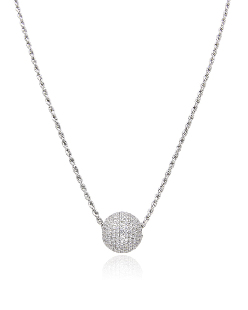 Collier « Atlas » en argent 925 rhodié, pendentif composé d’une boule pavée de zirconiums blancs, chaine torsadée.